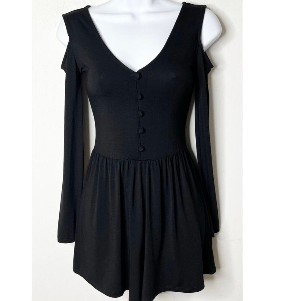 American Eagle Black Long Sleeve Romper Small Empire Waist Button Front